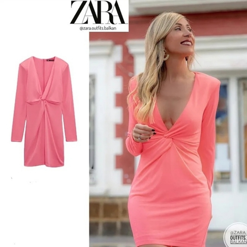 SALE🥳NWT Zara Knotted Drape Stretchy Pink Dress - Picture 2 of 4